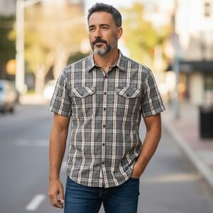 Filson Shirt Mens Medium Plaid Short Sleeve Button Up Sage Green Cotton Pockets